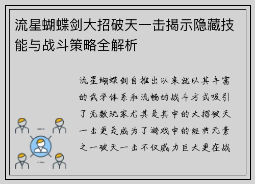 流星蝴蝶剑大招破天一击揭示隐藏技能与战斗策略全解析
